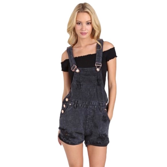 One Teaspoon Le Hawk Superfreaks Denim Overall Shorts size 25 Black distressed - Picture 1 of 16